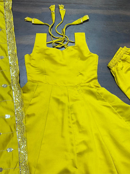 Reception Wear Lemon Yellow Color Roman Silk Fabric With Sequence Zari Lace Designer Gown
