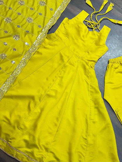 Reception Wear Lemon Yellow Color Roman Silk Fabric With Sequence Zari Lace Designer Gown