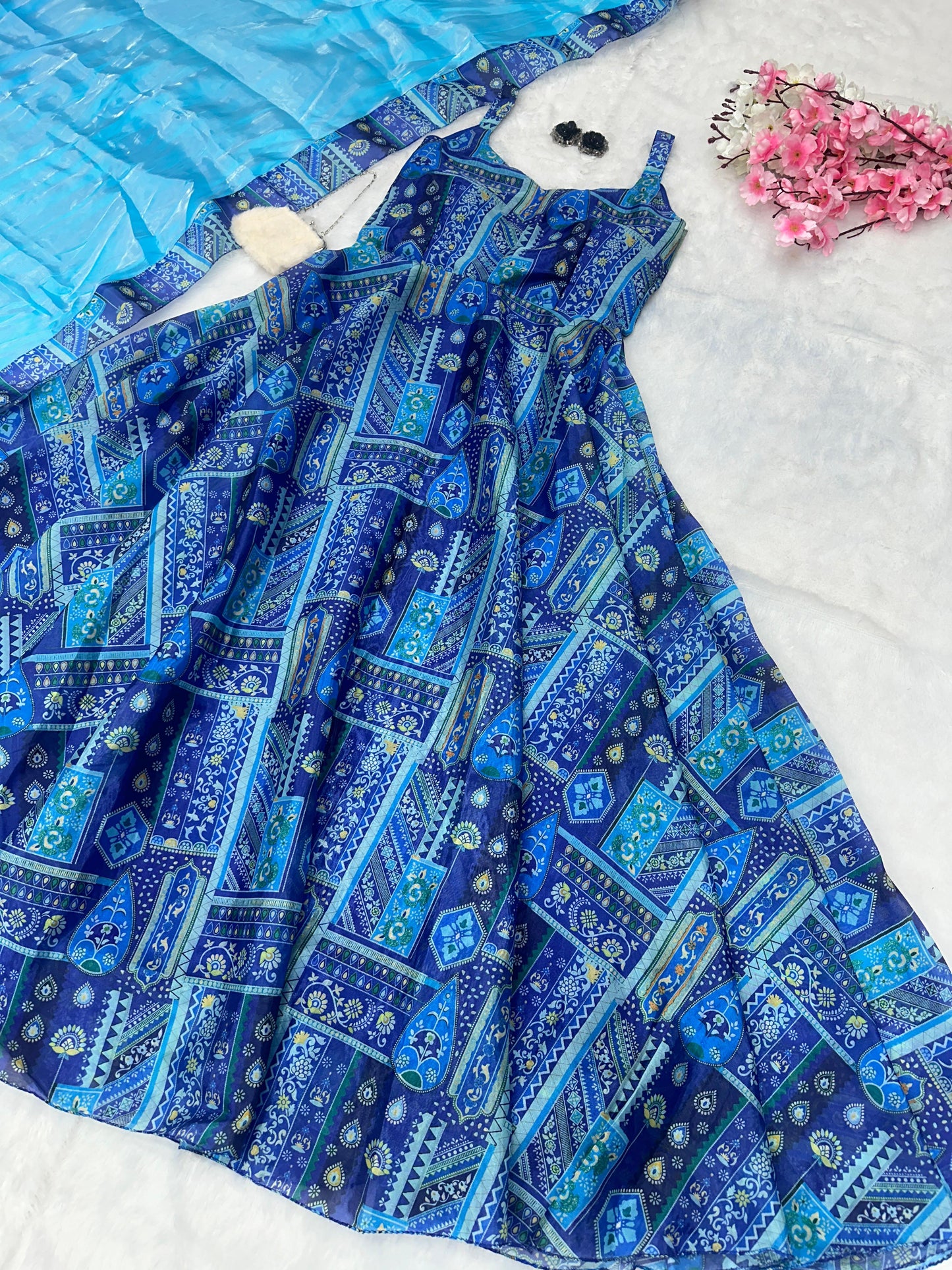 Party Wear Aqua Blue Color Pure Jimmy Organza Silk Digital Printed Anarkali Gown