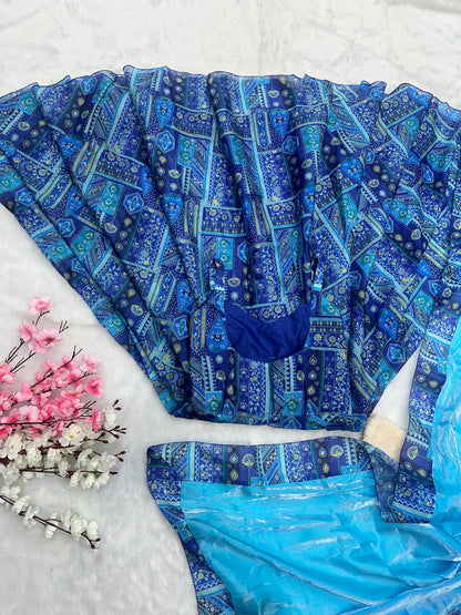 Party Wear Aqua Blue Color Pure Jimmy Organza Silk Digital Printed Anarkali Gown