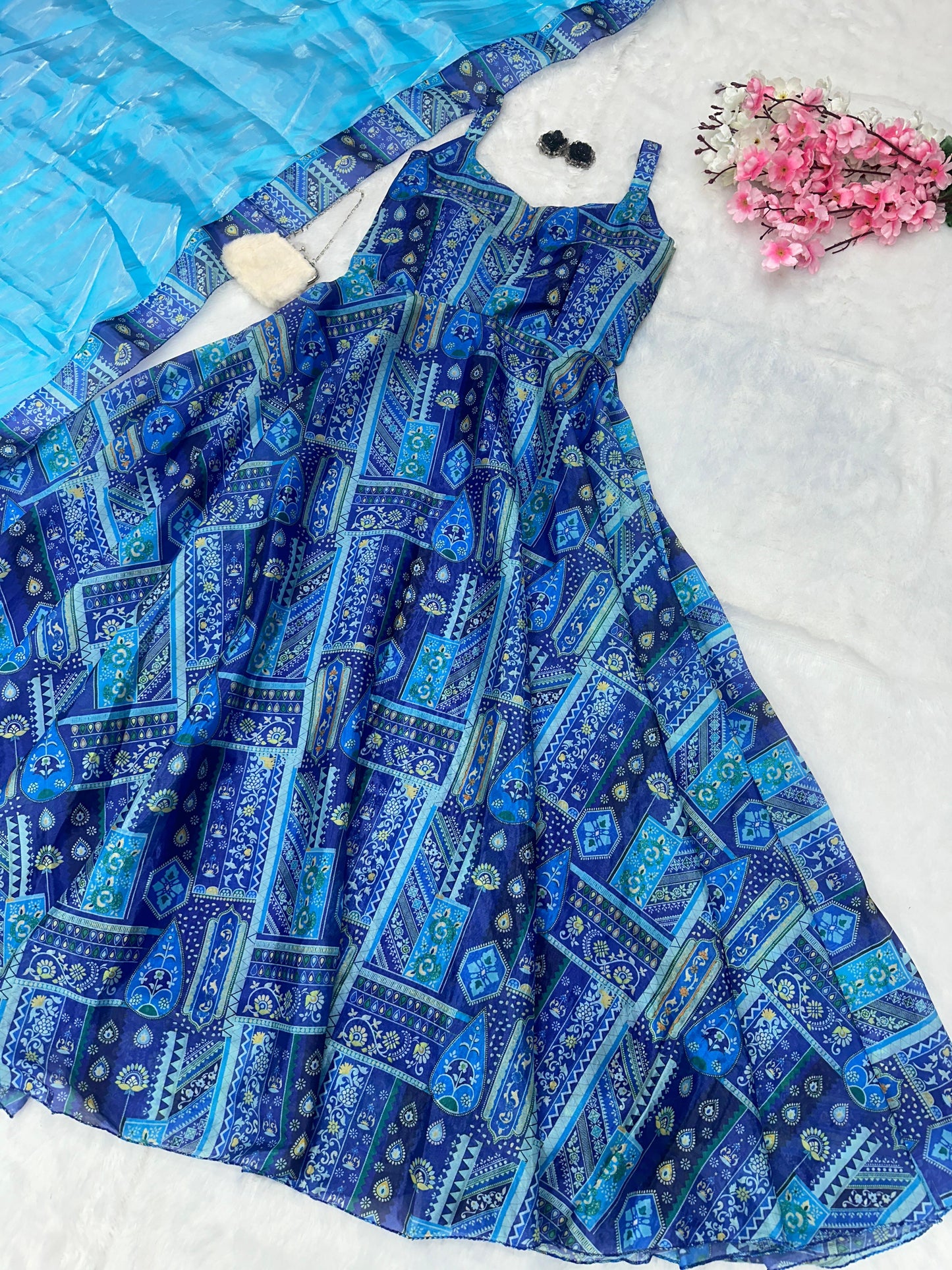 Party Wear Aqua Blue Color Pure Jimmy Organza Silk Digital Printed Anarkali Gown