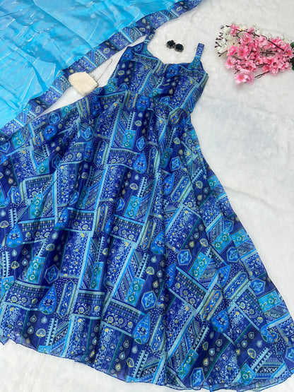 Party Wear Aqua Blue Color Pure Jimmy Organza Silk Digital Printed Anarkali Gown