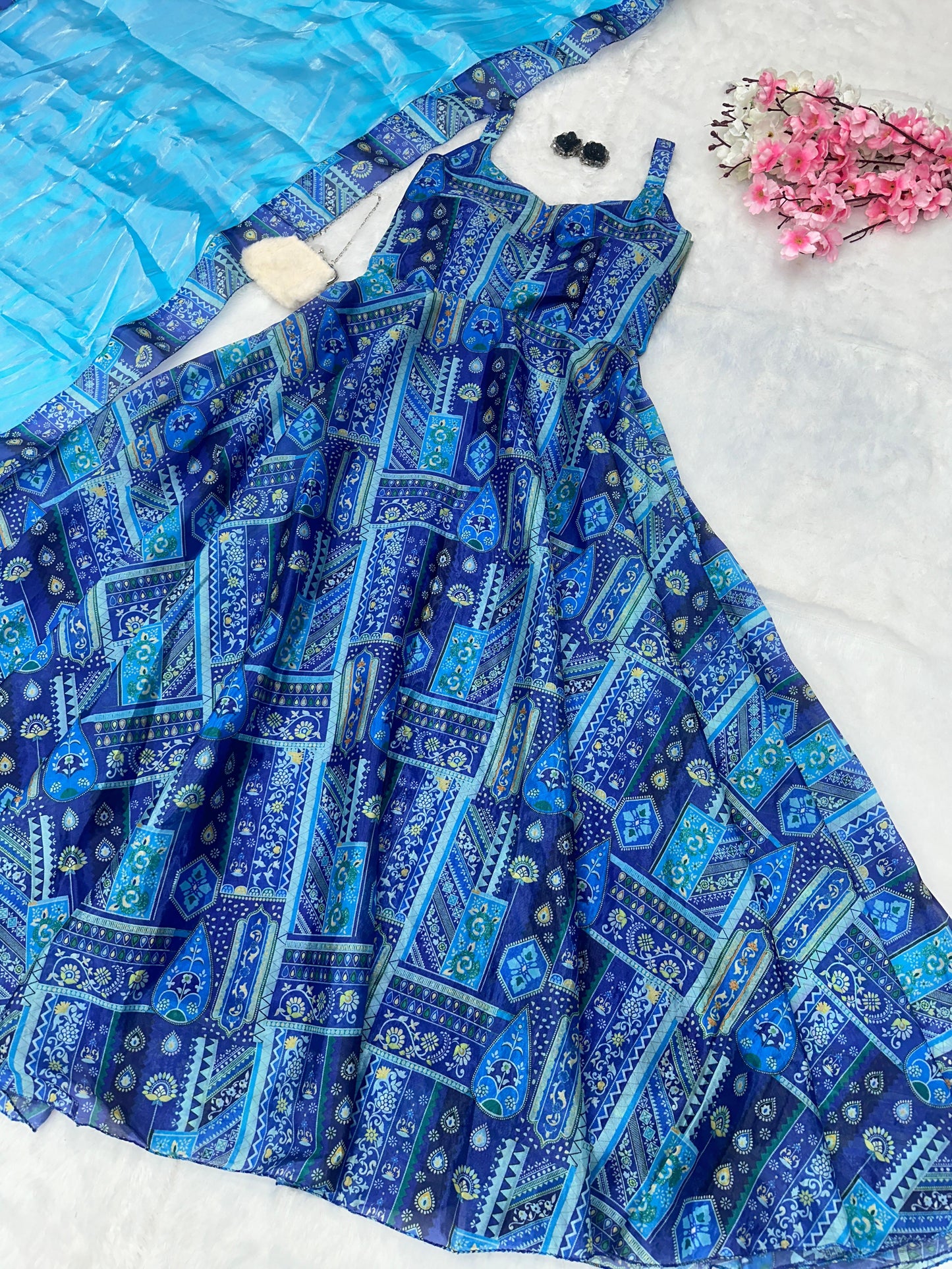 Party Wear Aqua Blue Color Pure Jimmy Organza Silk Digital Printed Anarkali Gown