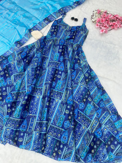 Party Wear Aqua Blue Color Pure Jimmy Organza Silk Digital Printed Anarkali Gown