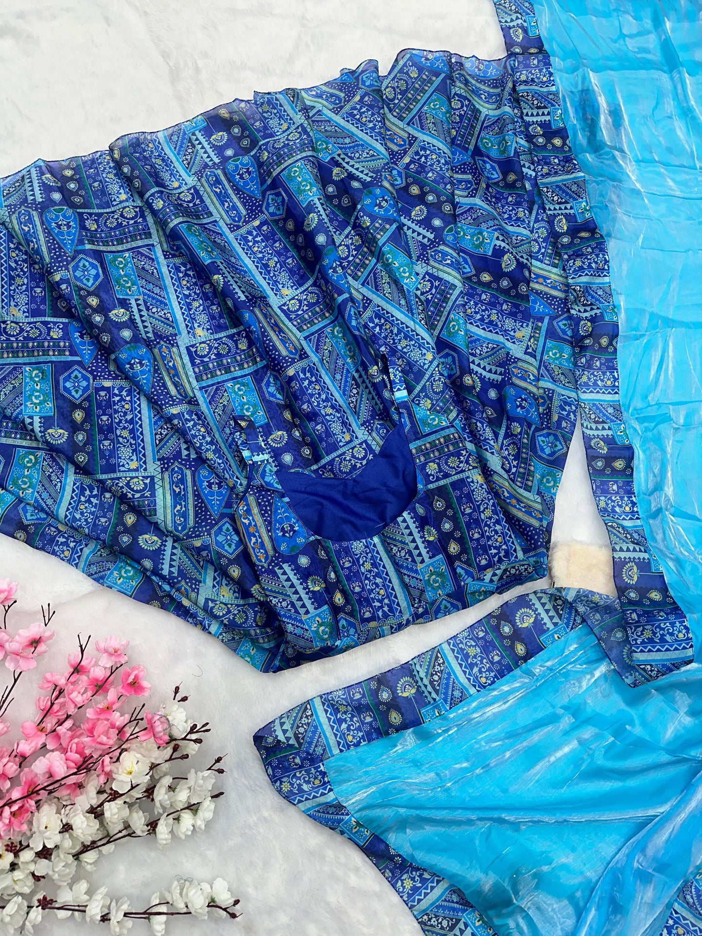 Party Wear Aqua Blue Color Pure Jimmy Organza Silk Digital Printed Anarkali Gown