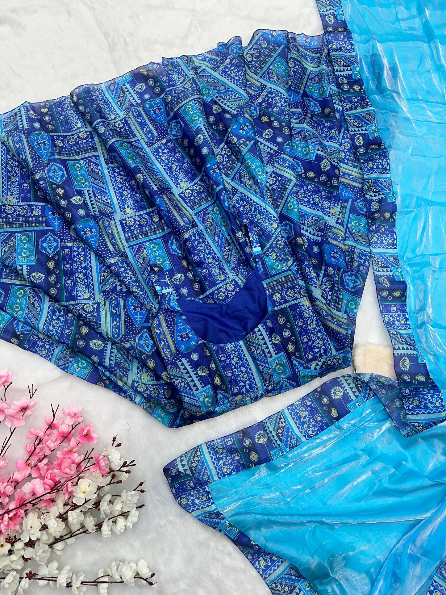 Party Wear Aqua Blue Color Pure Jimmy Organza Silk Digital Printed Anarkali Gown
