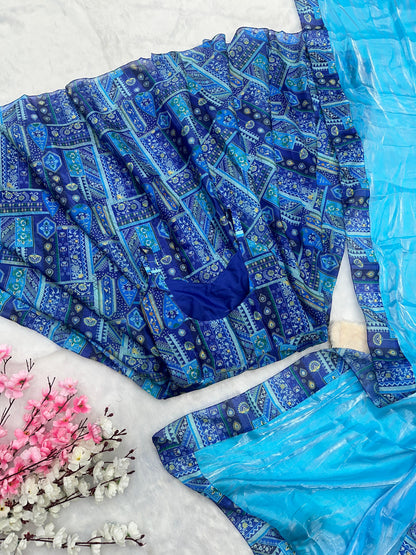 Party Wear Aqua Blue Color Pure Jimmy Organza Silk Digital Printed Anarkali Gown