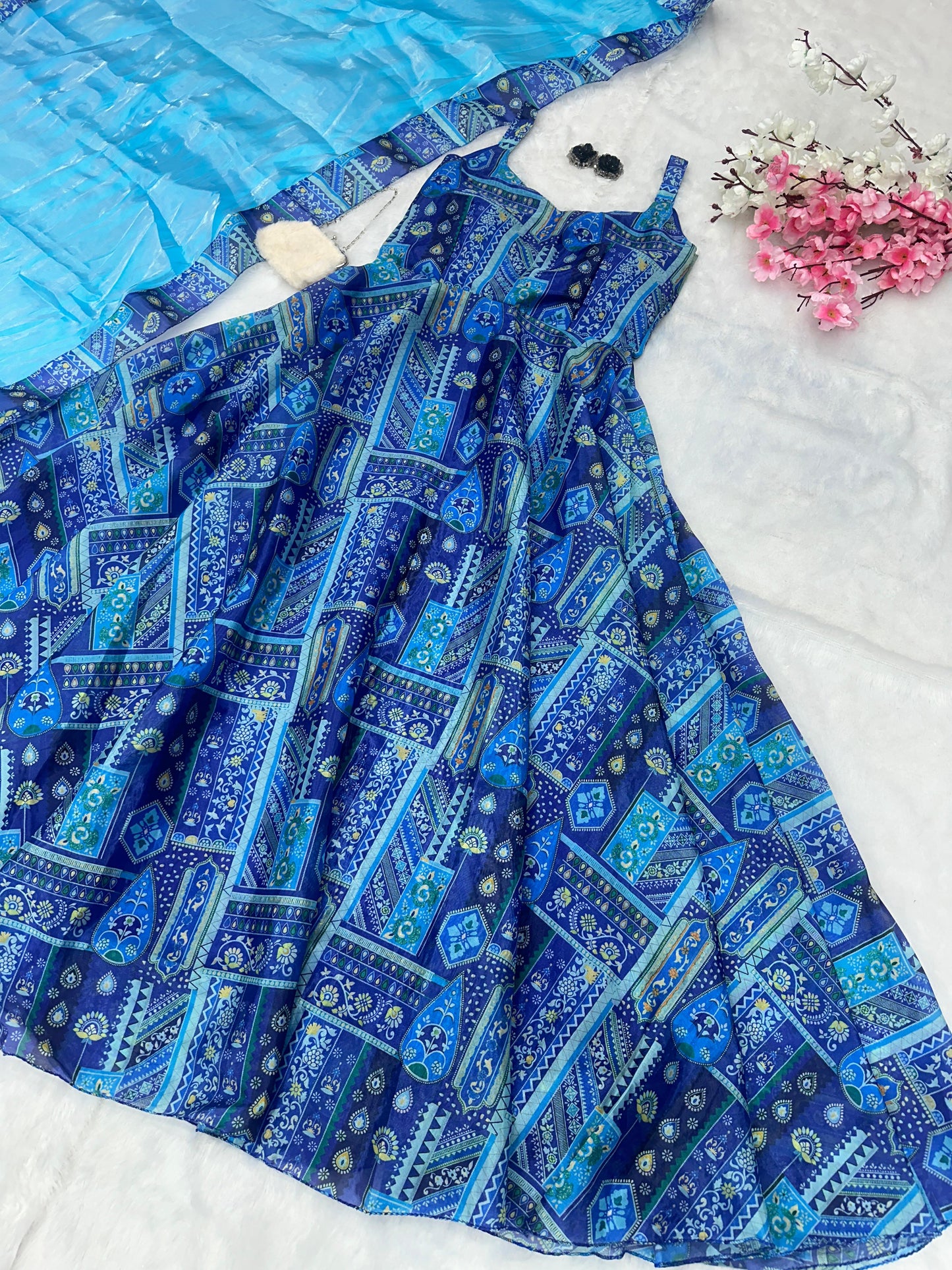 Party Wear Aqua Blue Color Pure Jimmy Organza Silk Digital Printed Anarkali Gown
