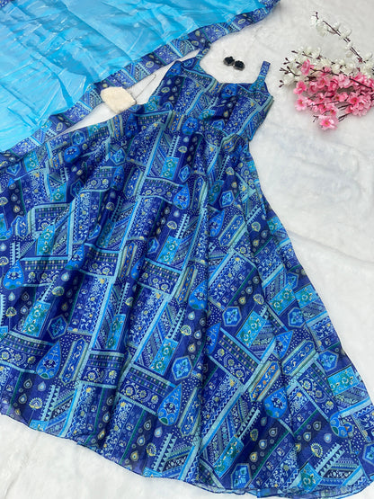 Party Wear Aqua Blue Color Pure Jimmy Organza Silk Digital Printed Anarkali Gown