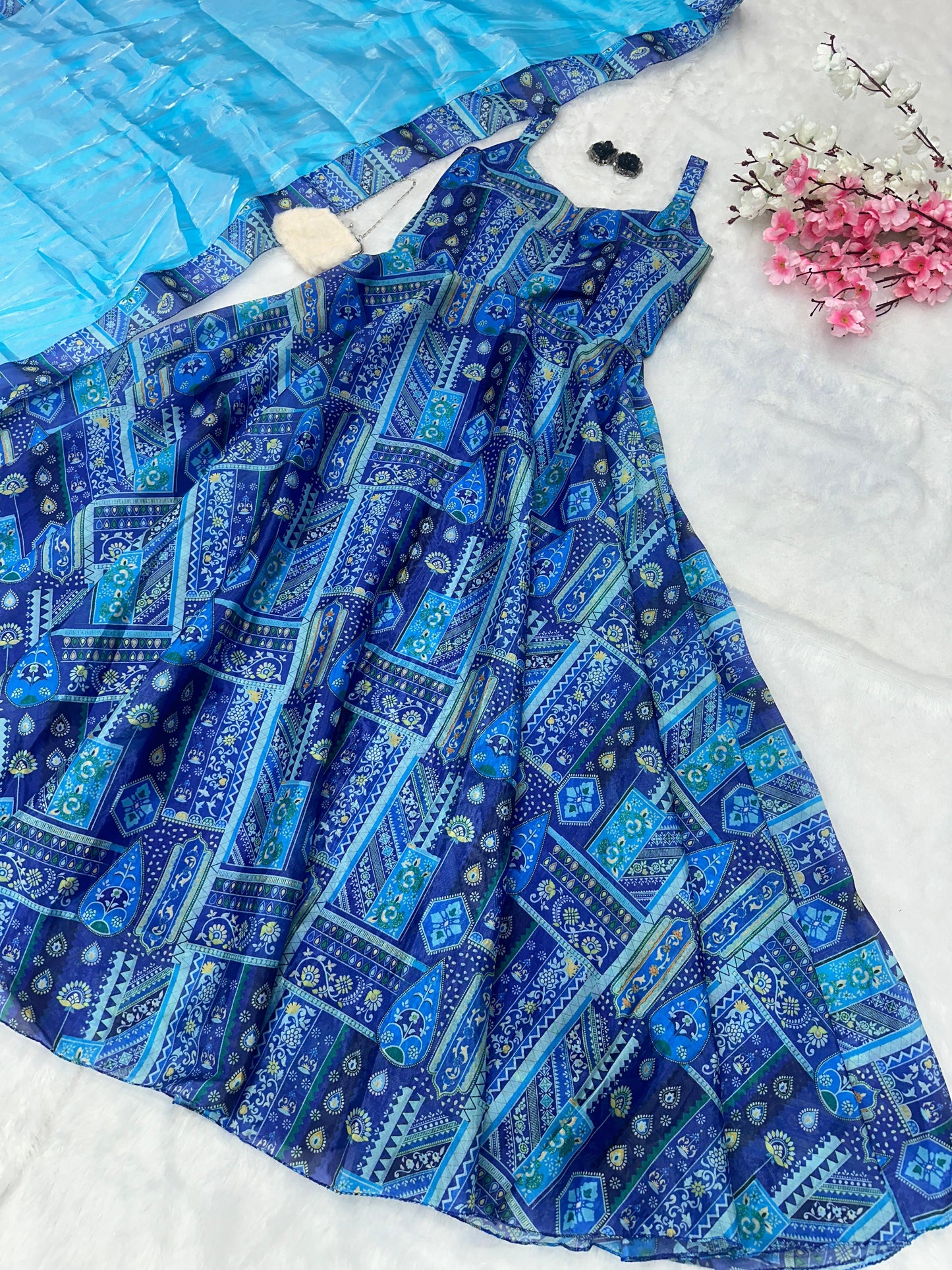 Party Wear Aqua Blue Color Pure Jimmy Organza Silk Digital Printed Anarkali Gown