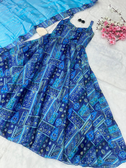 Party Wear Aqua Blue Color Pure Jimmy Organza Silk Digital Printed Anarkali Gown