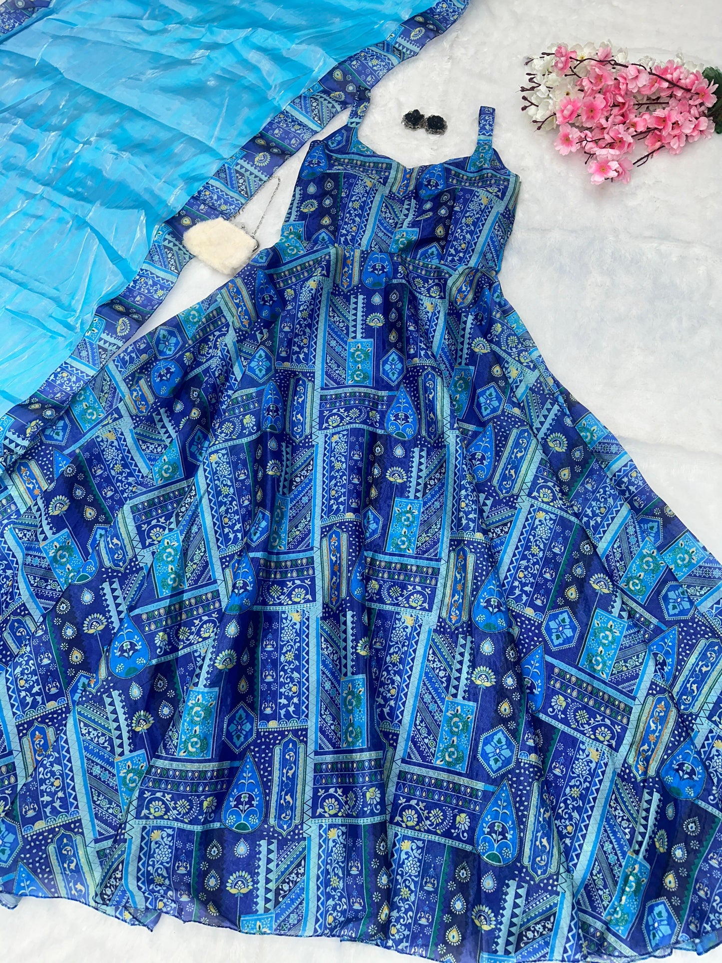 Party Wear Aqua Blue Color Pure Jimmy Organza Silk Digital Printed Anarkali Gown