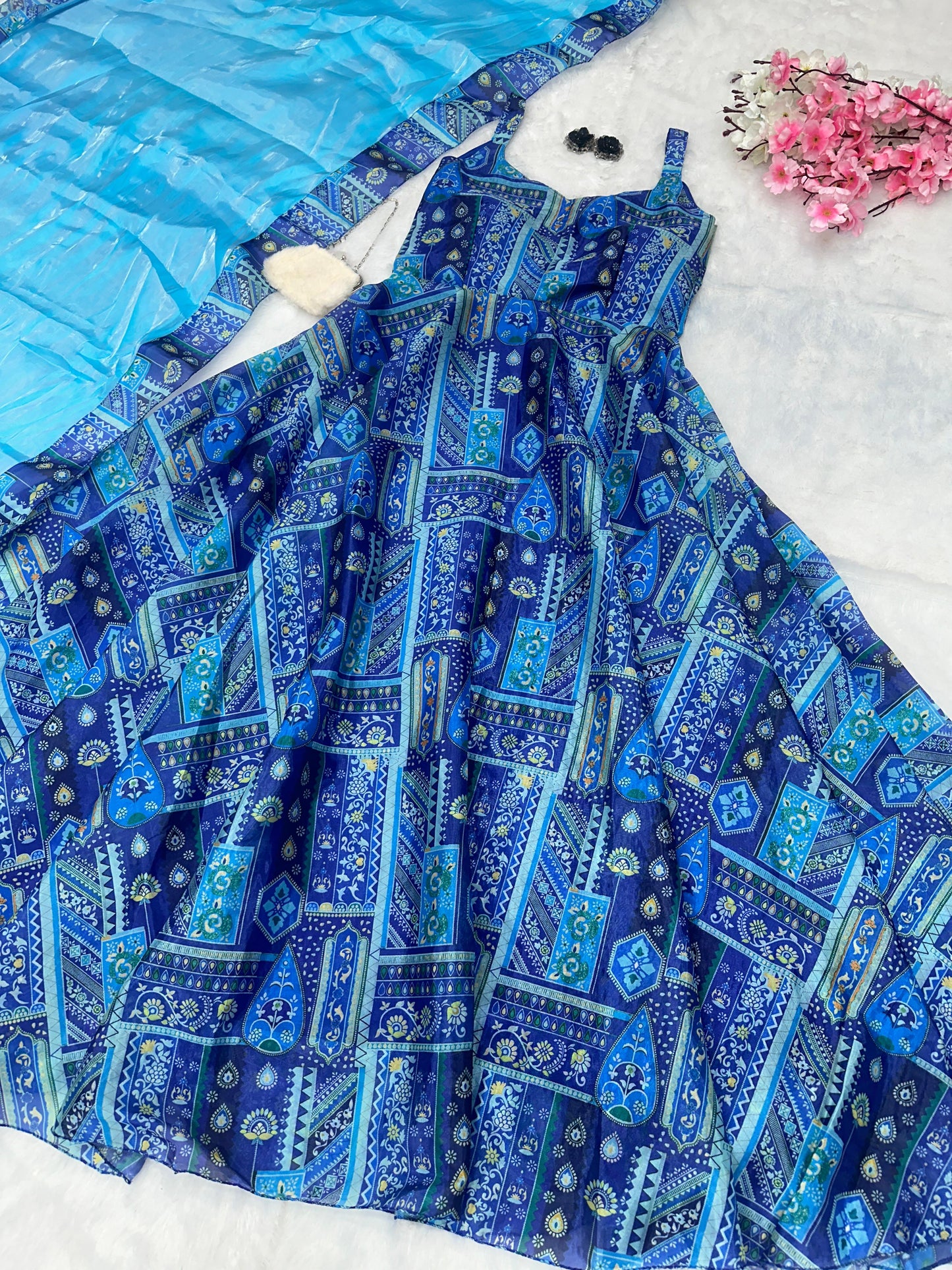 Party Wear Aqua Blue Color Pure Jimmy Organza Silk Digital Printed Anarkali Gown