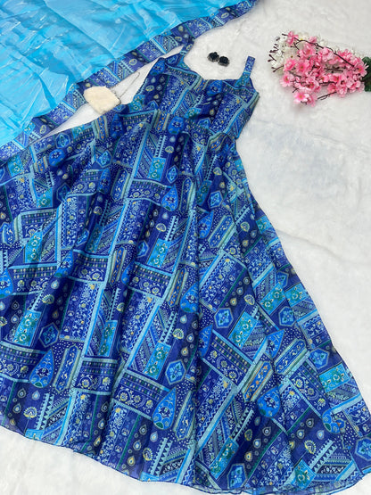 Party Wear Aqua Blue Color Pure Jimmy Organza Silk Digital Printed Anarkali Gown