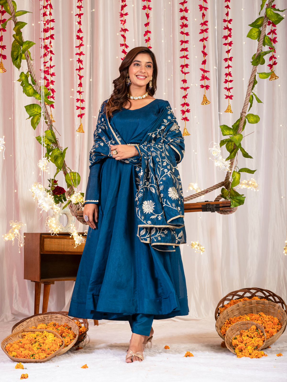 Trendy Teal Color Simmar Vichitra Silk Beautiful Designer Anarkali Gown
