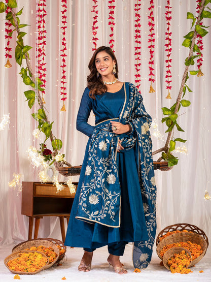 Trendy Teal Color Simmar Vichitra Silk Beautiful Designer Anarkali Gown