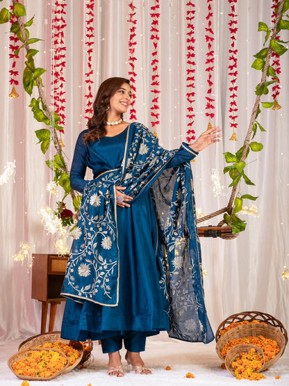 Trendy Teal Color Simmar Vichitra Silk Beautiful Designer Anarkali Gown