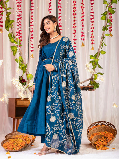 Trendy Teal Color Simmar Vichitra Silk Beautiful Designer Anarkali Gown