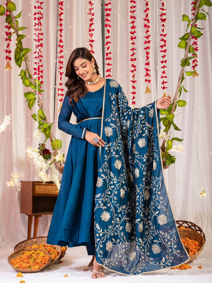 Trendy Teal Color Simmar Vichitra Silk Beautiful Designer Anarkali Gown