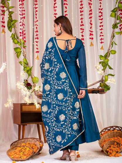 Trendy Teal Color Simmar Vichitra Silk Beautiful Designer Anarkali Gown