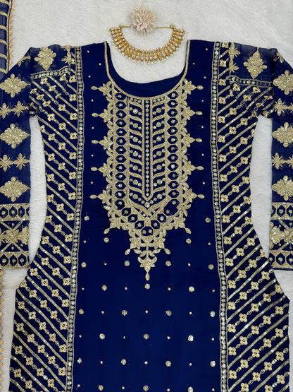 Ceremony Wear Navy Blue Color Faux Georgette And Thread With Sequence Work Designer Salwar Suit