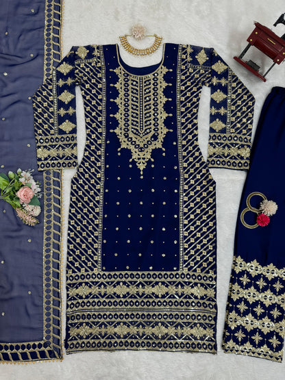 Ceremony Wear Navy Blue Color Faux Georgette And Thread With Sequence Work Designer Salwar Suit