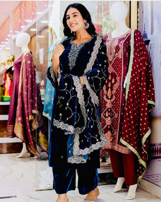 Precious Blue Color Velvet Embroidery Work Salwar Suit