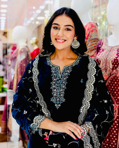 Precious Blue Color Velvet Embroidery Work Salwar Suit