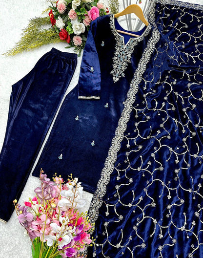 Precious Blue Color Velvet Embroidery Work Salwar Suit