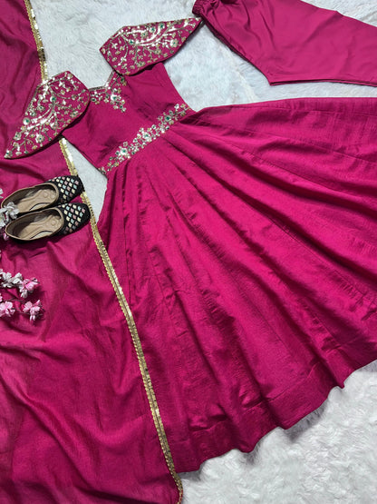 Beautiful Pink Color Simmar Vichitra Silk With Embroidery Sequence Work Designer Gown