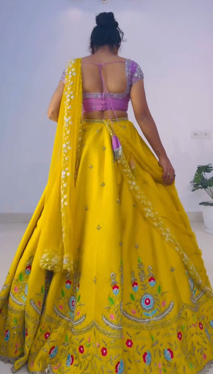 Haldi Wear Yellow Color Chinon With Heavy Embroidery Sequence Work Designer Lehenga Choli