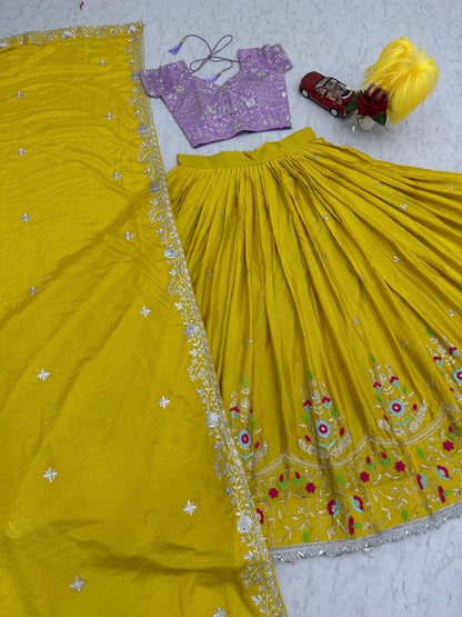 Haldi Wear Yellow Color Chinon With Heavy Embroidery Sequence Work Designer Lehenga Choli