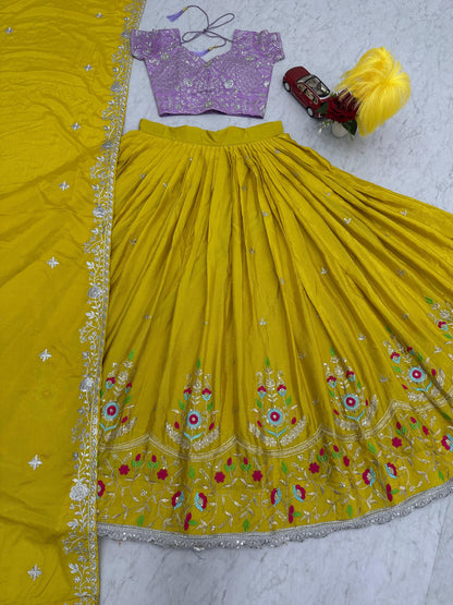 Haldi Wear Yellow Color Chinon With Heavy Embroidery Sequence Work Designer Lehenga Choli