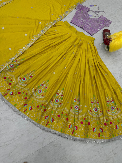 Haldi Wear Yellow Color Chinon With Heavy Embroidery Sequence Work Designer Lehenga Choli