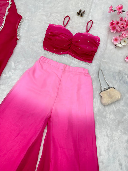 Fancy Pink Shades Color Pure Georgette Ombre Shades With Designer Peal Moti Lace Stone Work Palazzo Suit