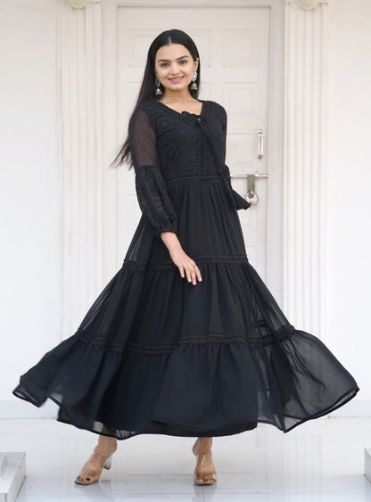 Casual Wear Black Color Faux Georgette And Embroidery Work Beautiful Gown