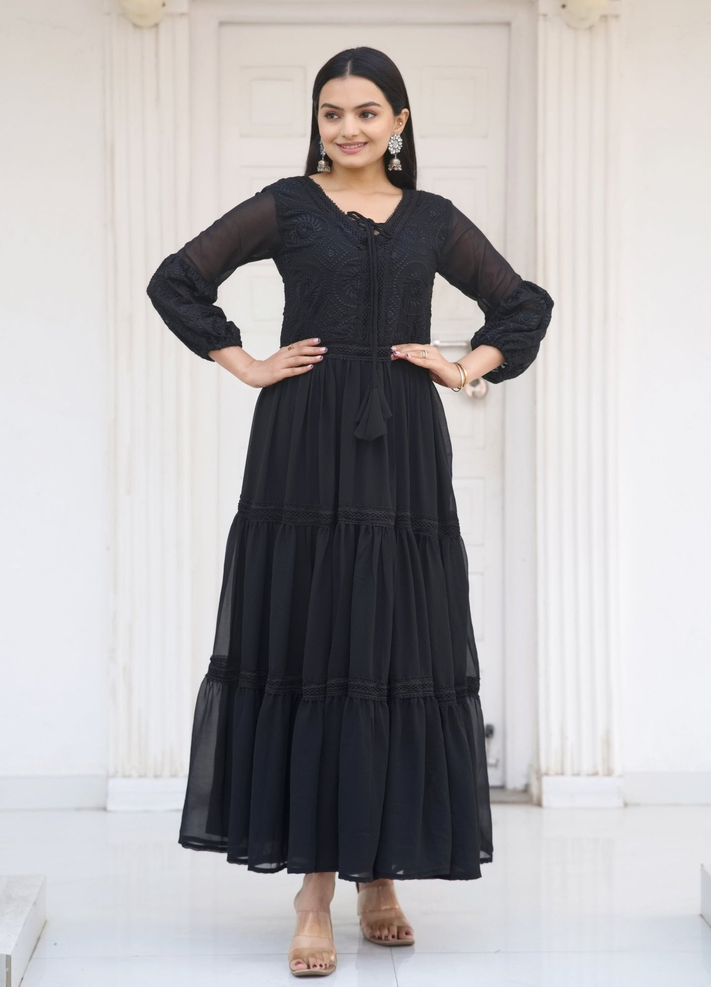 Casual Wear Black Color Faux Georgette And Embroidery Work Beautiful Gown