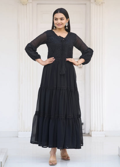 Casual Wear Black Color Faux Georgette And Embroidery Work Beautiful Gown