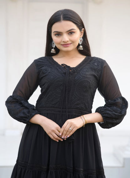 Casual Wear Black Color Faux Georgette And Embroidery Work Beautiful Gown