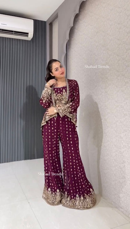 Ceremony Wear Wine Color Faux Georgette Embroidered Sequence Work Designe Koti With Palazzo