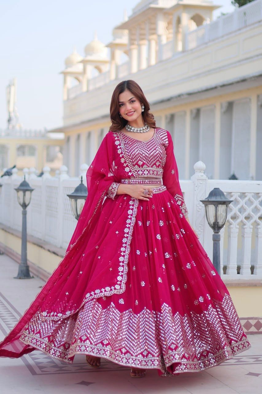 Ravishing Pink Color Heavy Faux Georgette And Embroidery 7mm Sequence Work With Belt Beautiful Lehenga Choli