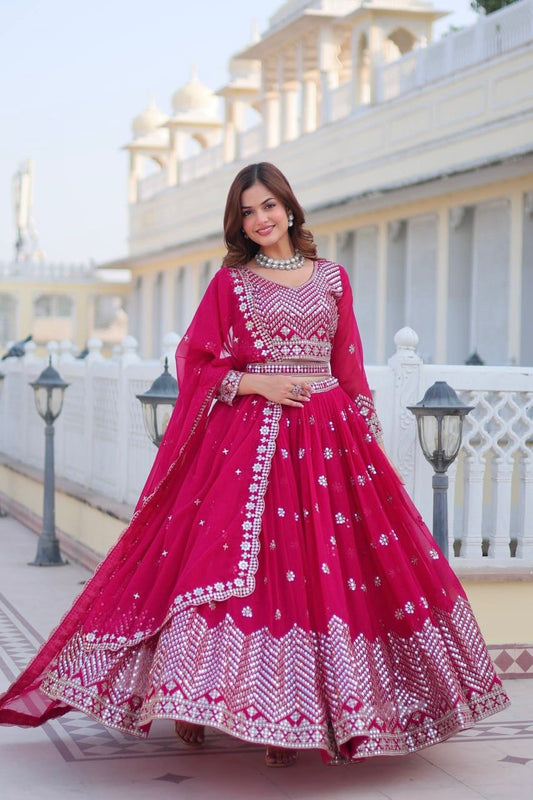 Ravishing Pink Color Heavy Faux Georgette And Embroidery 7mm Sequence Work With Belt Beautiful Lehenga Choli