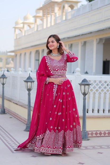 Ravishing Pink Color Heavy Faux Georgette And Embroidery 7mm Sequence Work With Belt Beautiful Lehenga Choli