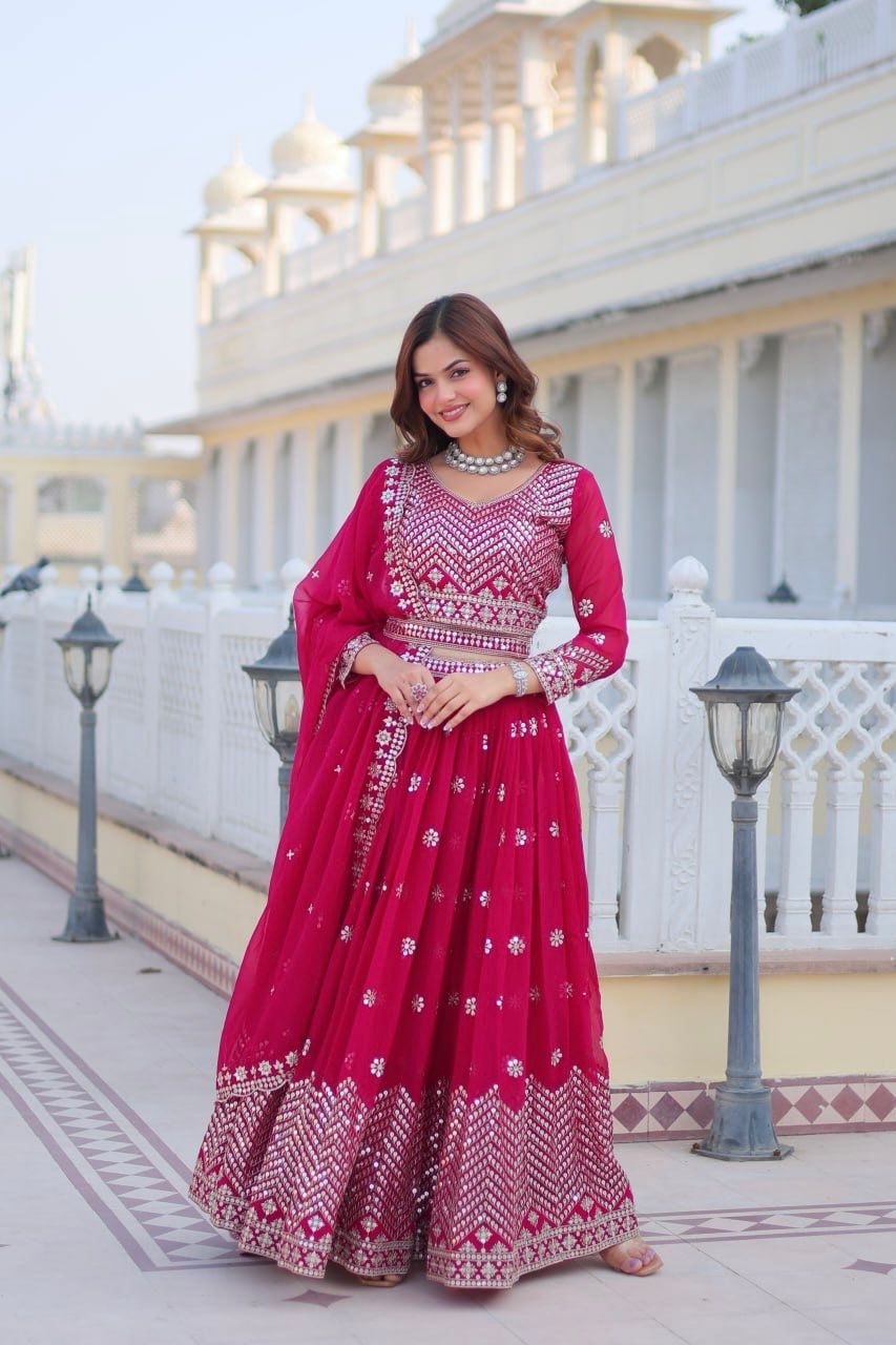 Ravishing Pink Color Heavy Faux Georgette And Embroidery 7mm Sequence Work With Belt Beautiful Lehenga Choli