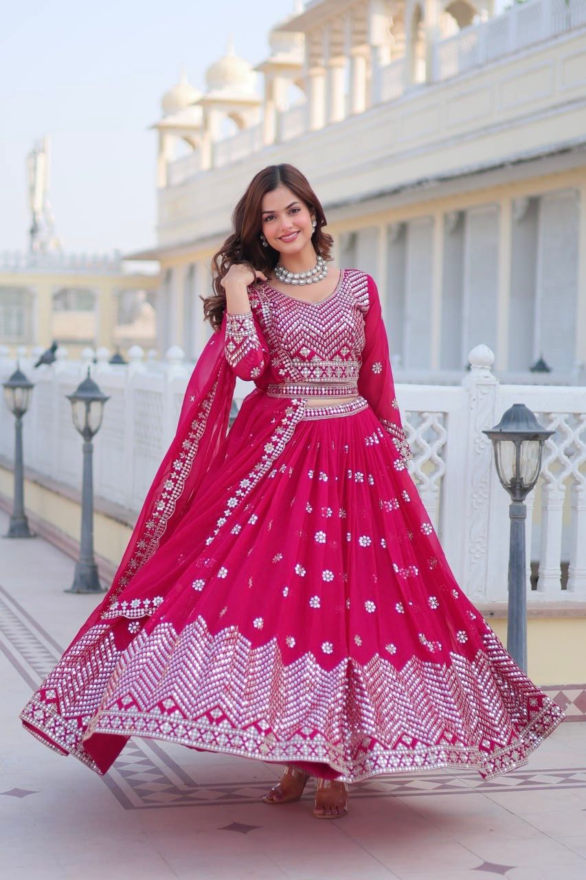 Ravishing Pink Color Heavy Faux Georgette And Embroidery 7mm Sequence Work With Belt Beautiful Lehenga Choli