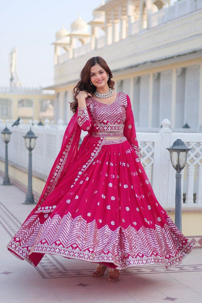 Ravishing Pink Color Heavy Faux Georgette And Embroidery 7mm Sequence Work With Belt Beautiful Lehenga Choli