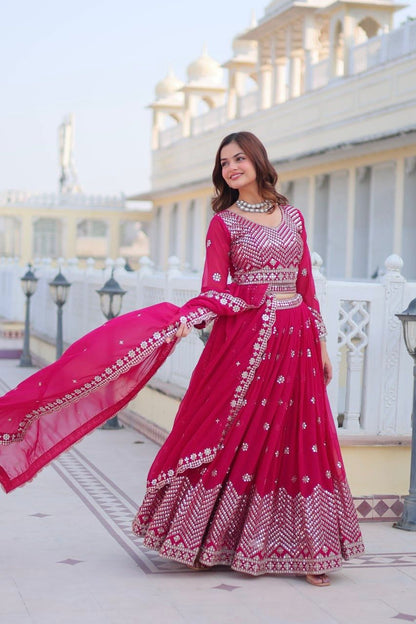 Ravishing Pink Color Heavy Faux Georgette And Embroidery 7mm Sequence Work With Belt Beautiful Lehenga Choli