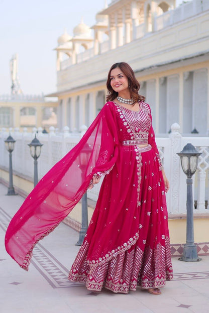 Ravishing Pink Color Heavy Faux Georgette And Embroidery 7mm Sequence Work With Belt Beautiful Lehenga Choli