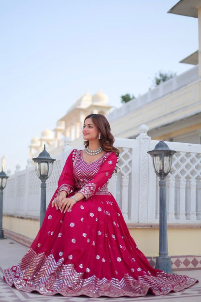 Ravishing Pink Color Heavy Faux Georgette And Embroidery 7mm Sequence Work With Belt Beautiful Lehenga Choli