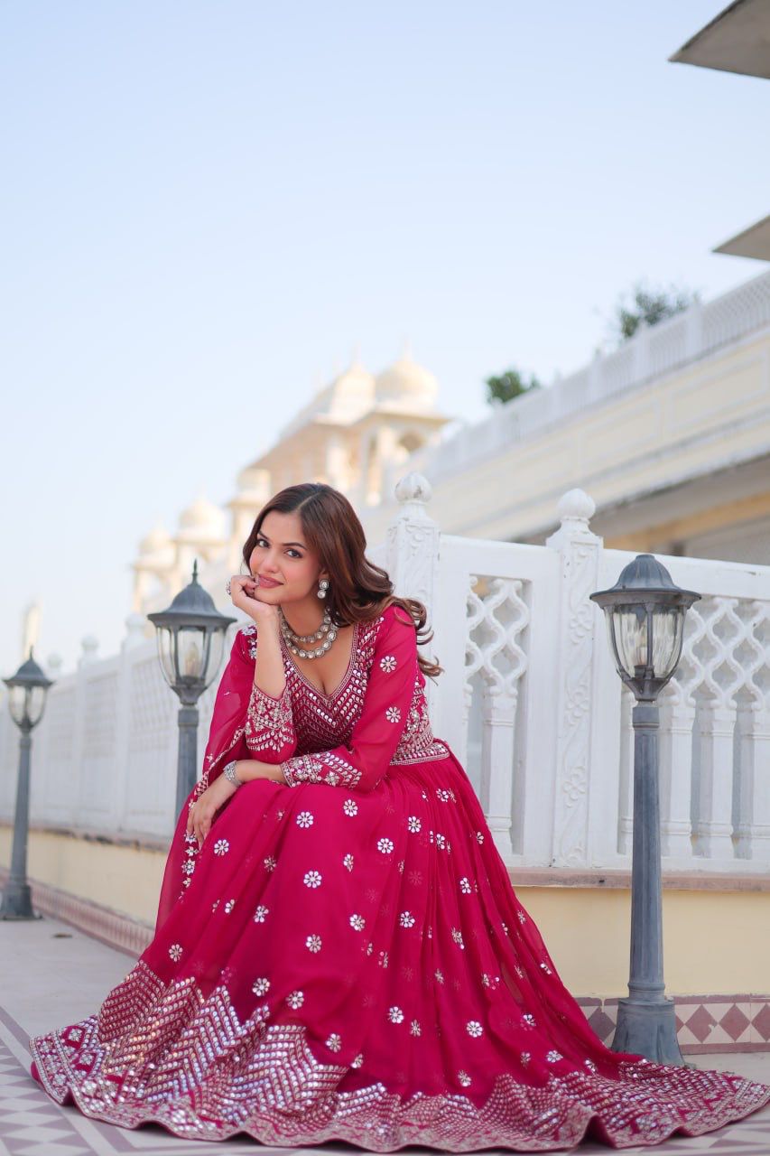 Ravishing Pink Color Heavy Faux Georgette And Embroidery 7mm Sequence Work With Belt Beautiful Lehenga Choli